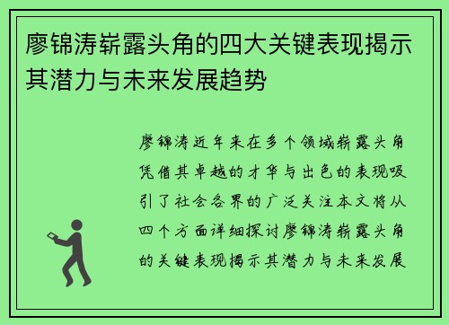 廖锦涛崭露头角的四大关键表现揭示其潜力与未来发展趋势