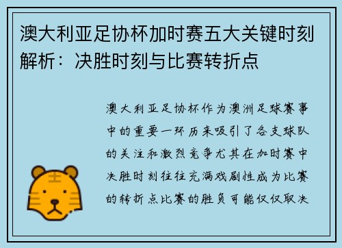 澳大利亚足协杯加时赛五大关键时刻解析:决胜时刻与比赛转折点 澳大利亚足协杯加时赛五大关键时刻解析:决胜时刻与比赛转折点