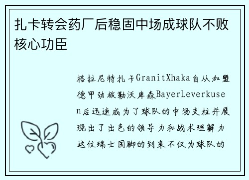 扎卡转会药厂后稳固中场成球队不败核心功臣 扎卡转会药厂后稳固中场成球队不败核心功臣