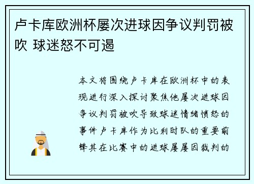 卢卡库欧洲杯屡次进球因争议判罚被吹 球迷怒不可遏
